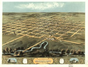 Pohled z ptačí perspektivy na město Marshalltown, Marshall Co., Iowa 1868. LOC 73693402 od A. Ruger