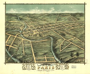 Pohled z ptačí perspektivy na město Paris, Bourbon County, Kentucky 1870. LOC 73693417