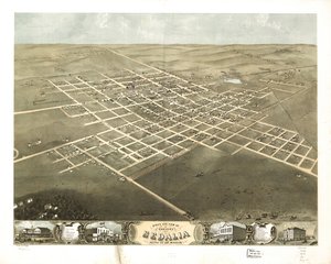 Pohled z ptačí perspektivy na město Sedalia, Pettis Co., Missouri 1869. LOC 73693491