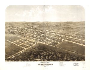Pohled z ptačí perspektivy na město Warrensburg, Johnson Co., Missouri 1869. LOC 73693492 od A. Ruger