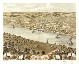 Pohled z ptačí perspektivy na město Washington, okres Franklin, Missouri 1869. LOC 73693493