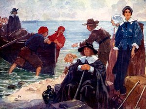 Skupina vyhnanců kotví svou kůru na divokém pobřeží Nové Anglie, 1620, 1905. od A. S. Forrest