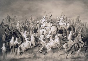 Chir Singh, maharadžah ze Sikhů a král Paňdžábu se svou družinou na lovu poblíž Láhauru, 1859