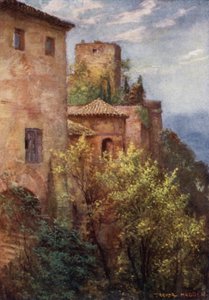 Granada, Exteriér Alhambry (barva litho) od A. Trevor Haddon