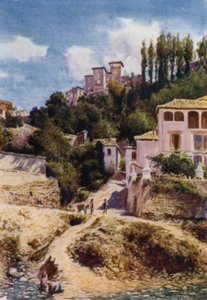 Alhambra, Torre de las Damas z řeky Darro (barva litho) od A. Trevor Haddon