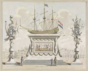 Obchod a doprava, dekorace na Nieuwmarkt, 1795 Deset desek dekorací na Alliantiefeest v Amsterdamu v roce 1795 (název série) od A. Verkerk