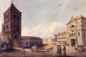 Prašná brána a Hybernská celnice, Praha, kolem 1810 (barevný lept)