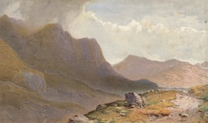 Scéna mezi Capel Currg a Llyn Ogwen, v čele Nant Frangon, Severní Wales (chromolit)
