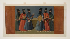 Přidat Or. 1242 „Ghulamové“ nesoucí šáhov štít, toulec a další královské vybavení, detail ze „Zmenšené kopie nástěnné malby paláce Nigaristan“ od Abdallah (after) Khan