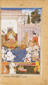 Bhishma radí Yudhishthirovi o povaze čtyř varn neboli kast, 1598 od Abdul Rahim Khan I Khana