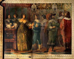 Scéna ze života Charlese de Valois (1573-1650), vévody z Angouleme - Party scéna u příležitosti sňatku Charlese de Valois s jeho druhou manželkou v roce 1644 - Žena, kterou oslovil kurtizán, ji zastihl límec - Freska od Abraha