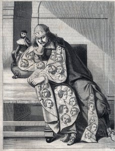 Muž plný zloby: muž s dvojitým pláštěm žen medituje s opicí po boku. Reprodukce tisku Abrahama Bosse (1604-1676). od Abraham (after) Bosse