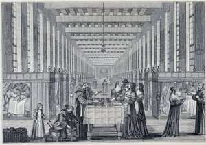 Vnitřní pohled na ošetřovnu Hôital de la Charite (také nazývaná nemocnice Freres-de-Saint-Jean-de-Dieu), v Paříži - Engraving d