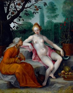 Vertumnus a Pomona (bůh ročních období se převléká za starou ženu, aby získal vstup do sadu nymfy) - Malba od Abrahama Bloemaerta (1566-1651), olej na mědi, kolem 1605 - (Vertumnus a Pomona, od Abrahama Bloemaert, olej na mědi, c1605) od Abraham Bloemaert