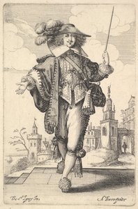 Vpřed kráčí gentleman s nataženou pravou paží a bičem v levé ruce..., 1629. od Abraham Bosse