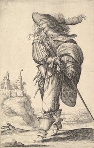 Džentlmen, kráčící doleva a tasící meč z pochvy, na sobě pl..., 1629. od Abraham Bosse