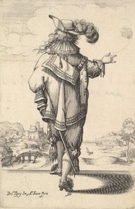 Džentlmen s opeřeným kloboukem a mečem, viděno zezadu, pravou paži nataženou..., 1629. od Abraham Bosse