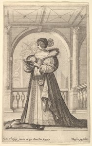 Žena stojící z profilu tváří vlevo, v klobouku a krajkovém límci, čte..., ca. 1629. od Abraham Bosse