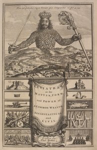 Titulní strana knihy „Leviathan, aneb hmota, forma a moc společenství církevního a civilního bohatství“ od Thomase Hobbese