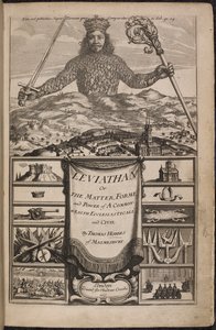 Titulní strana knihy „Leviathan, aneb hmota, forma a moc společenství církevního a civilního bohatství“ od Thomase Hobbese