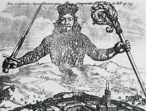 Titulní strana knihy „Leviathan, aneb hmota, forma a moc společenství církevního a civilního bohatství“ od Thomase Hobbese