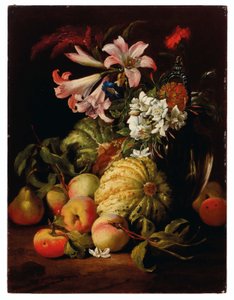 Lilie a další květiny ve skleněné váze s broskvemi a melouny od Abraham Brueghel