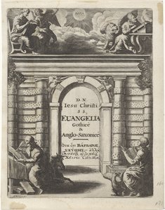 Čtyři evangelisté kolem brány Titulní strana pro: Junius, Franciscus a Marshall, Thomas. Quatuor D.N. Jesus Christi S.S. Evangelia Gothicè & Anglo-Saxonicè, 1665 od Abraham Dircksz. Santvoort