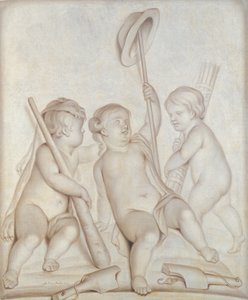 Tři cherubové (grisaille), Putti s atributy Herkula a Merkura, 1767 od Abraham Hendrick van Beesten