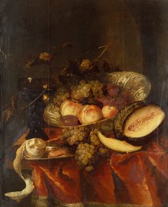 Ovoce v porcelánové misce Wanli Kraak se sklenicí, melounem a cínovým talířem (olej) od Abraham Hendricksz van Beyeren