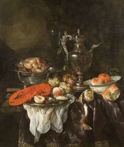 Zátiší s humrem, ovocem, stříbrem a čínským zbožím, cca 1660 (olej na plátně)
