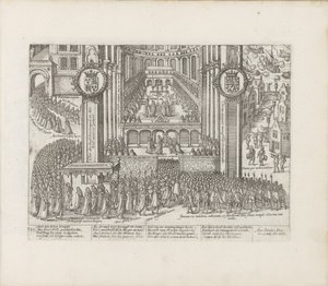 Pohled na exteriér Westminsterského opatství během korunovace Jakuba I., 1603-1604. od Abraham Hogenberg