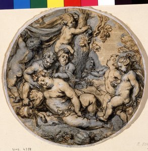 ""Bacchus endormi"" (Spící Bakchus) Obklopují ho putti, satyr Kresba tuší od Abrahama Jansze van Diepenbeecka (1596-1675) Puškinovo muzeum ze 17. století, Moskva