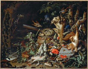 Le nid de pinsons - ryby, plazi a mrtvá veverka mezi rostlinami a stromy... od Abraham Mignon