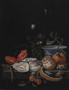 Ústřice, ovoce a sklenice na kamenný stůl od Abraham Mignon