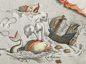 (Detail). Mořské příšery útočí na loď. od Abraham Ortelius