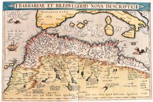 Barbaria a Biledulgerid Geografická mapa severní Afriky z „Theatrum Orbis Terrarum“ od Abrahama Orteliuse (Oertel, Ortell nebo Ortel od Abraham Ortelius