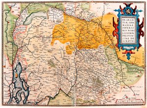 Geografická mapa území jižně od Nizozemska Germánská (Kempeland) převzatá z „Theatrum Orbis Terrarum“ od Abrahama Orteliuse (Oertel, Ortell nebo Ortel od Abraham Ortelius