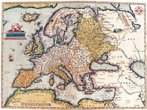 Popis evropského kontinentu. Zeměpisná mapa z „Theatrum Orbis Terrarum“ od Abrahama Orteliuse od Abraham Ortelius