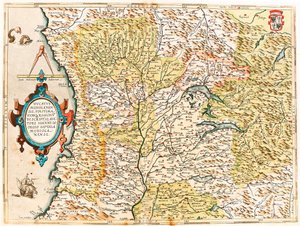 Ducatus Mediolanensis, Hranice a oblasti světa Zeměpisná mapa vévody z Milána z „Theatrum Orbis Terrarum“ od Abrahama Orteliuse (Oertel, Ortell nebo Ortel od Abraham Ortelius