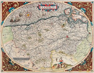 Flandry Geografická mapa území Flander z „Theatrum Orbis Terrarum“ od Abrahama Orteliuse (Oertel, Ortell nebo Ortel od Abraham Ortelius