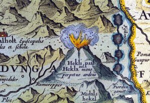 Sopka Hekla na Islandu. Atlas Abrahama Ortelia, Amsterdam 1588 od Abraham Ortelius