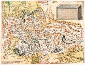 Helvetiae Popis Aegidius Tschudo Auct. Zeměpisná mapa švýcarských a francouzských Alp včetně jezer z „Theatrum Orbis Terrarum“ od Abrahama Orteliuse (Oertel, Ortell nebo Ortel od Abraham Ortelius