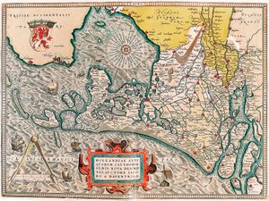 Hollandia antiquorum catthorum sedis nova descriptio, auctore Jacobo a daventria Zeměpisná mapa území Nizozemska s městy Amsterdam a Haarlem... převzato z „Theatrum Orbis Terrarum“ od Abrahama Orteliuse (Oertel, Ortell nebo Orte od Abraham Ortelius