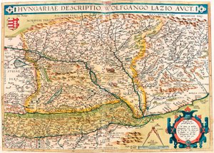 Maďarský popis, Wolfgango Lazio Auct. Zeměpisná mapa území Maďarska z „Theatrum Orbis Terrarum“ od Abrahama Orteliuse (Oertel, Ortell nebo Ortel od Abraham Ortelius