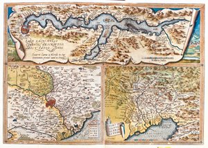 Komské jezero (Itálie; region: Lombardie), Řím (Itálie; region: Lazio), Terstský záliv (Itálie: region Friuli-Venezia Giulia; Slovinsko: tradiční region Slovinské přímoří; Chorvatsko: Istrijská župa) od Abraham Ortelius