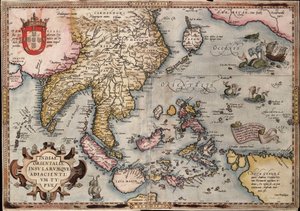 Orteliova mapa Východní Indie, asi 1570 (kolorovaná rytina) od Abraham Ortelius