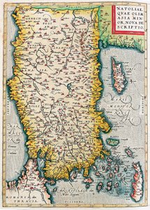 Natolia, Quae Olim Malá Asie Nova Popis Zeměpisná mapa území Malé Asie (Istanbul a Turecko s ostrovy Rhodos a Kypr) z „Theatrum Orbis Terrarum“ od Abrahama Orteliuse (Oertel, Ortell nebo Ortel od Abraham Ortelius