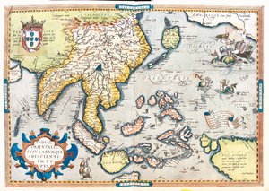 Pákistán, Indie, Srí Lanka, Nepál, Bhútán, Bangladéš, jižní Čína, Barma, Thajsko, Laos, Vietnam, Kambodža, Malajsie, Brunej, Indonésie, Filipíny, Tchaj-wan, jižní Japonsko. od Abraham Ortelius