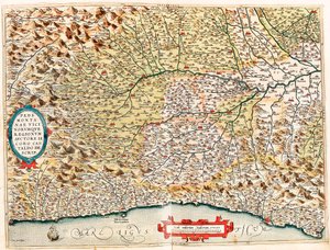 Regiony Piemontese a Vicino Geografická mapa území Itálie od Monaka ve Francii po Genes a procházející provinciemi Imperia de Savona a Janov z „Theatrum Orbis Terrarum“ od Abrahama Ortelia ( od Abraham Ortelius