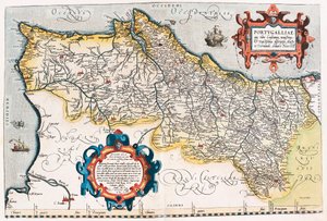 Portugalská zeměpisná mapa území Portugalska z „Theatrum Orbis Terrarum“ od Abrahama Orteliuse (Oertel, Ortell nebo Ortel od Abraham Ortelius